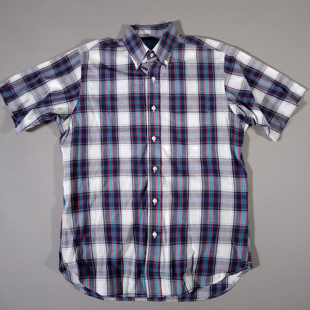 Pendleton Button Down Shirt Mens Medium Blue‎ Plaid Short Sleeve Made in USA